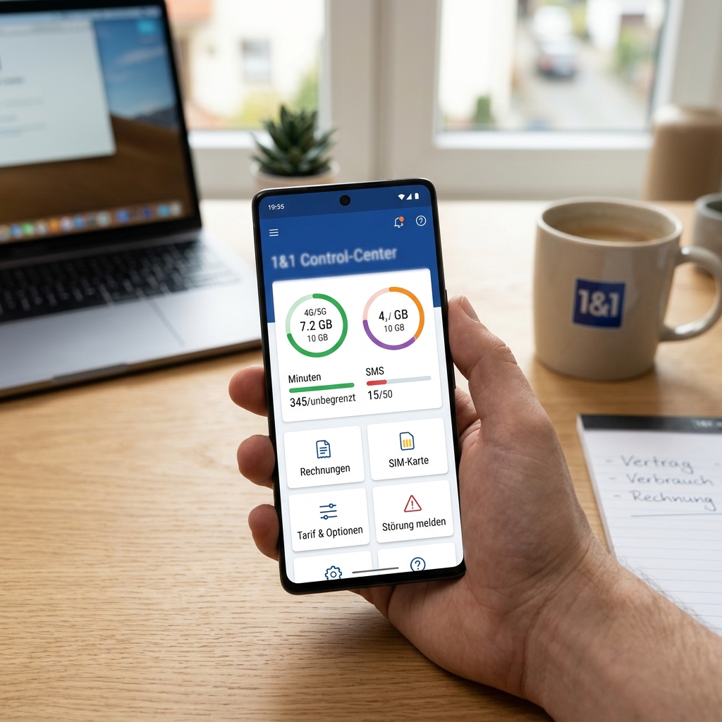 Smartphone zeigt 1&1 Control-Center App mit Verbrauchsdaten.