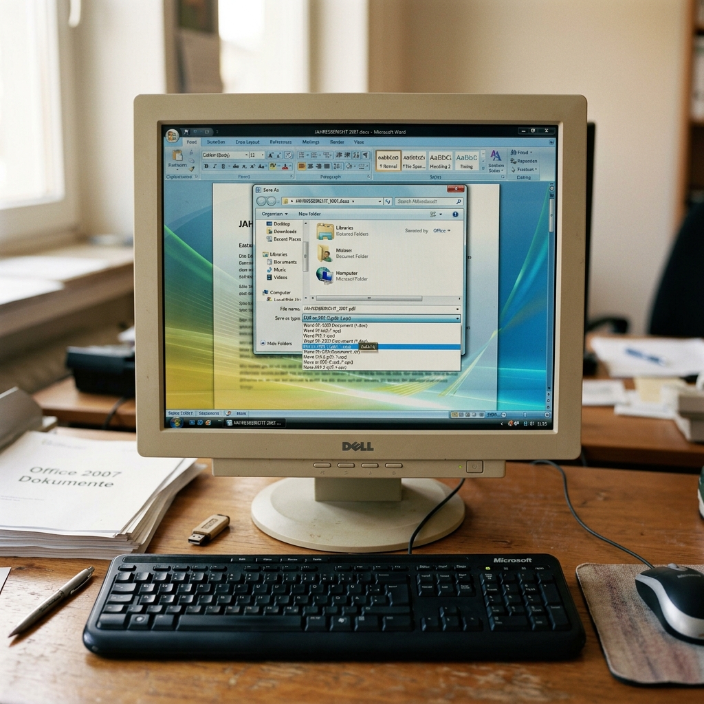 Monitor mit Dokumentenansicht und angeschlossener Tastatur