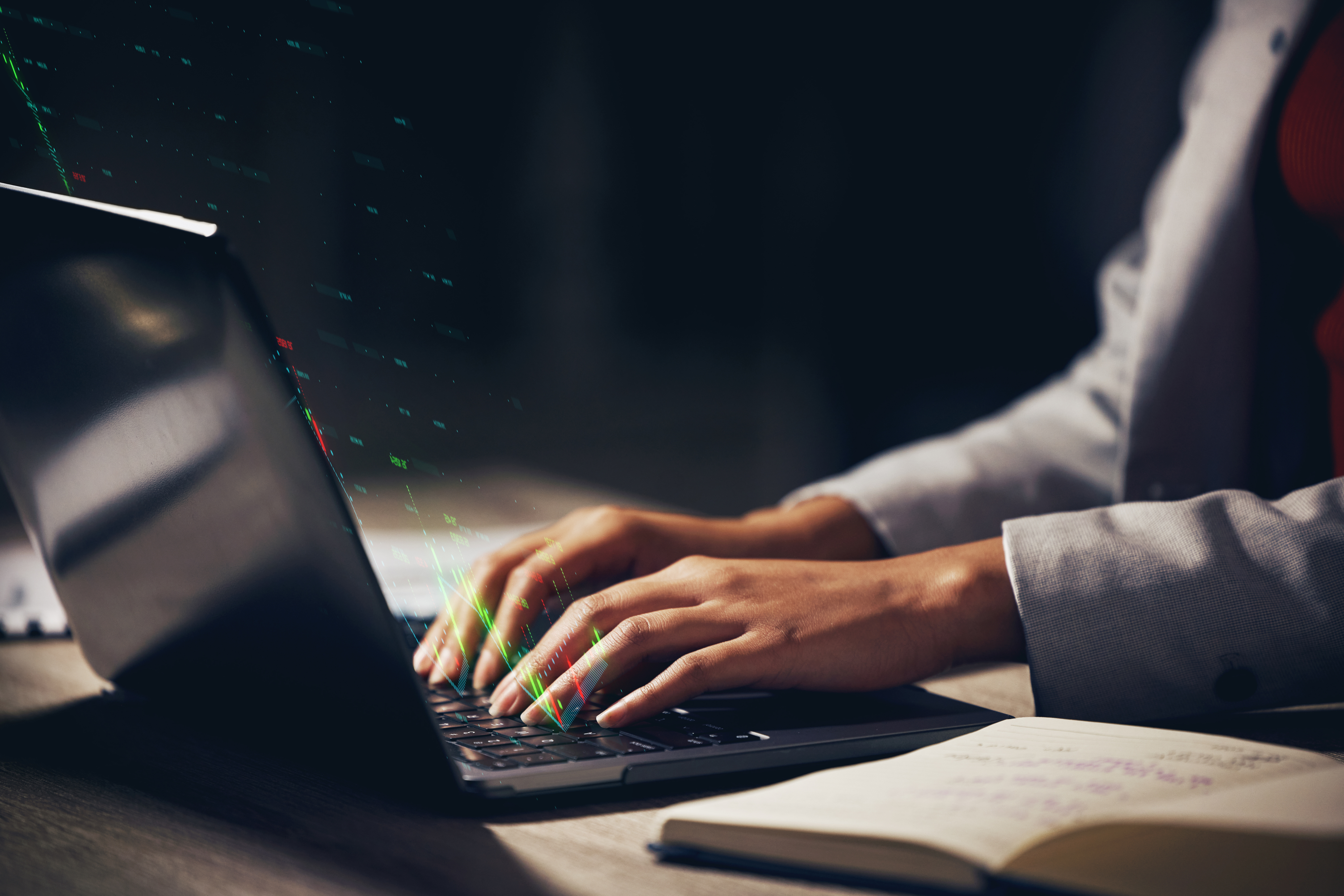 hands-working-on-laptop-sending-emails-and-doing-education-online-at-desk-cgi-laser-light-of-writer-employee-or-creative-person-typing-on-computer-planning-a-strategy-and-doing-research-for-book