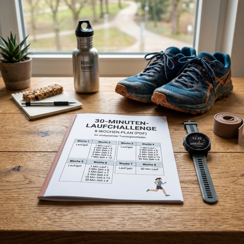 Trainingsmaterialien für eine Laufchallenge auf einem Tisch