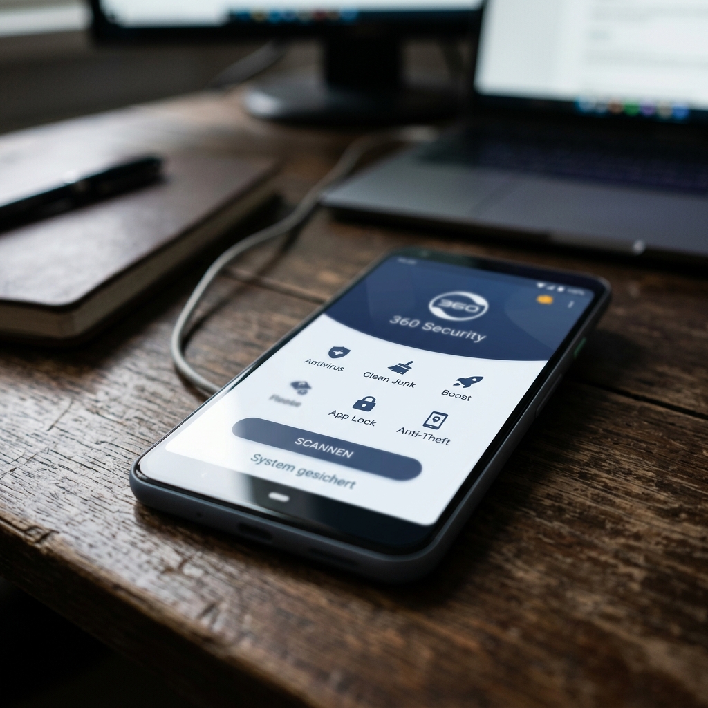 Smartphone mit 360 Security App auf einem Holztisch