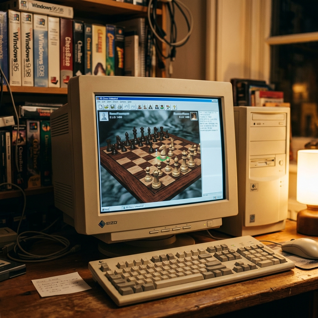 Ein alter Computerbildschirm zeigt ein Schachspiel.