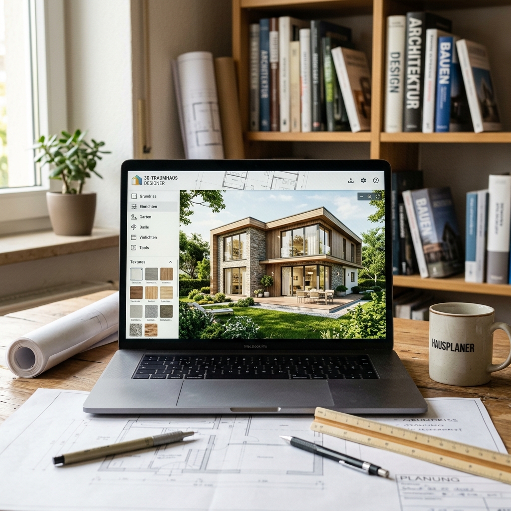 Laptop mit Architekturdesign-Software und Unterlagen auf einem Tisch