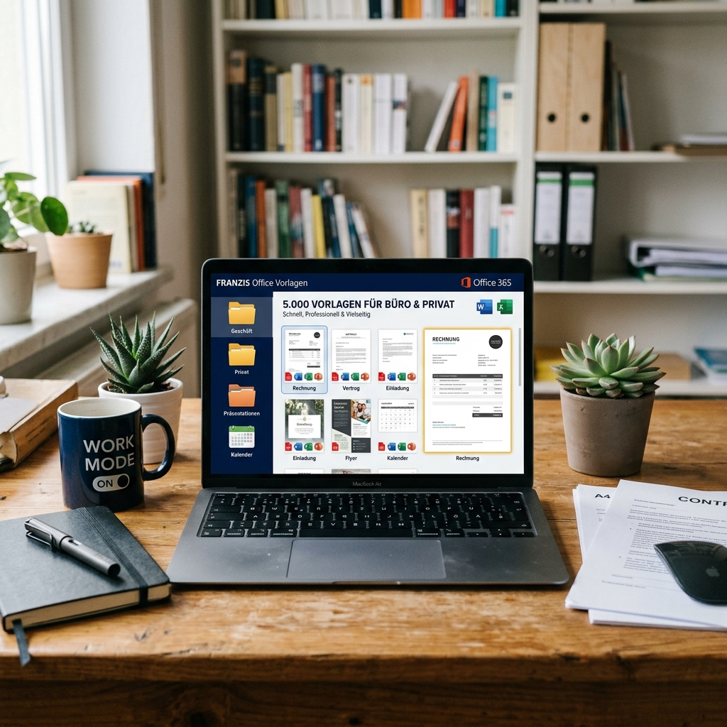 Laptop mit Office-Vorlagen auf einem Holztisch in einem modernen Büro.