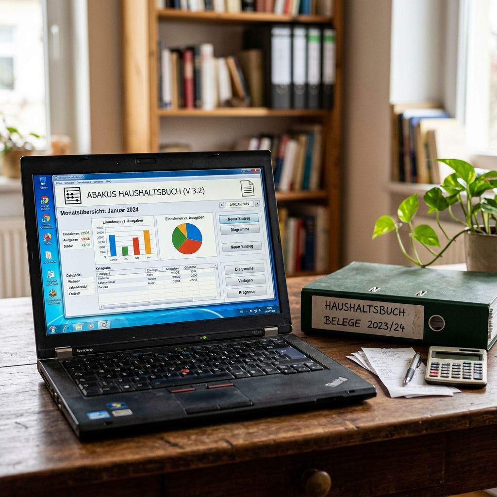 Laptop mit Haushaltsbuch-Software und einem Ordner auf einem Tisch