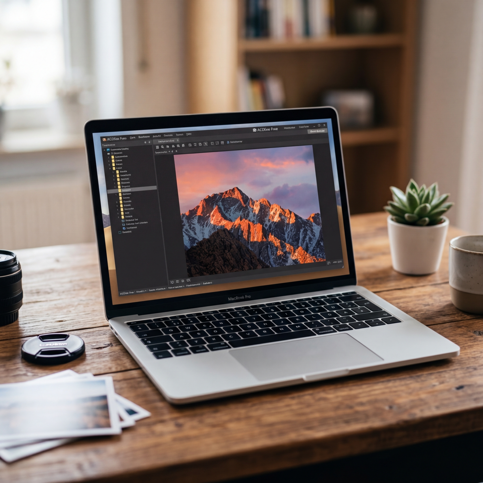Laptop auf Holzschreibtisch zeigt Berglandschaft, daneben Kamera und Pflanze.