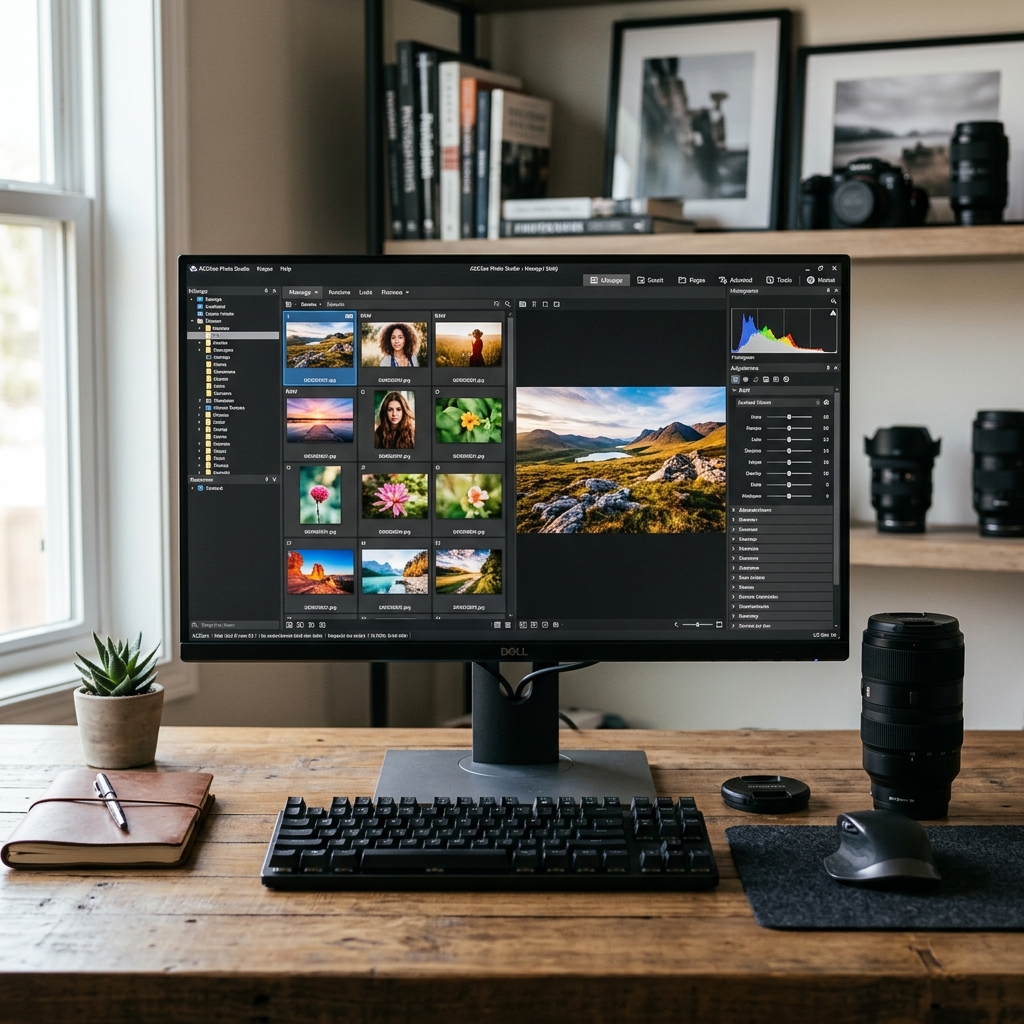 Computerbildschirm mit Fotobearbeitungssoftware und Zubehör auf Schreibtisch