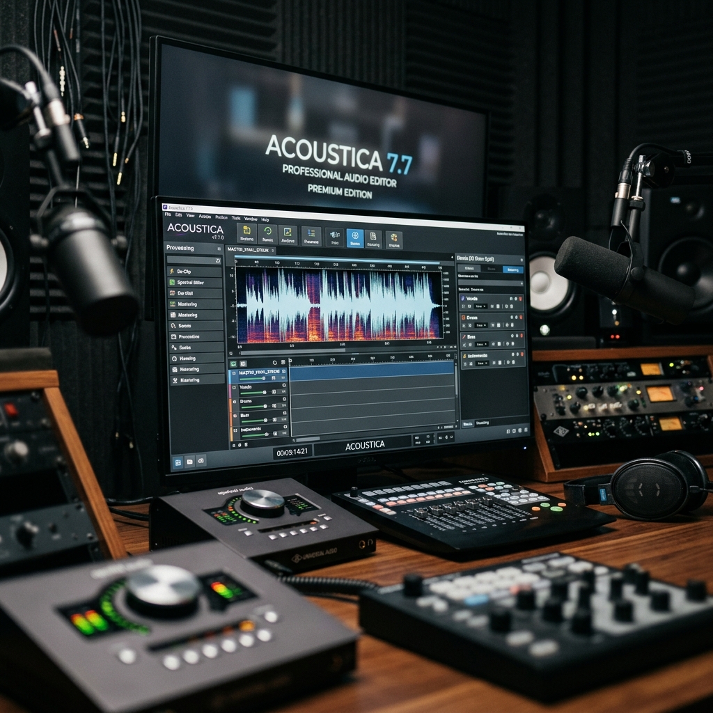 Blick auf ein professionelles Audio-Bearbeitungsstudio mit Monitor und Equipment