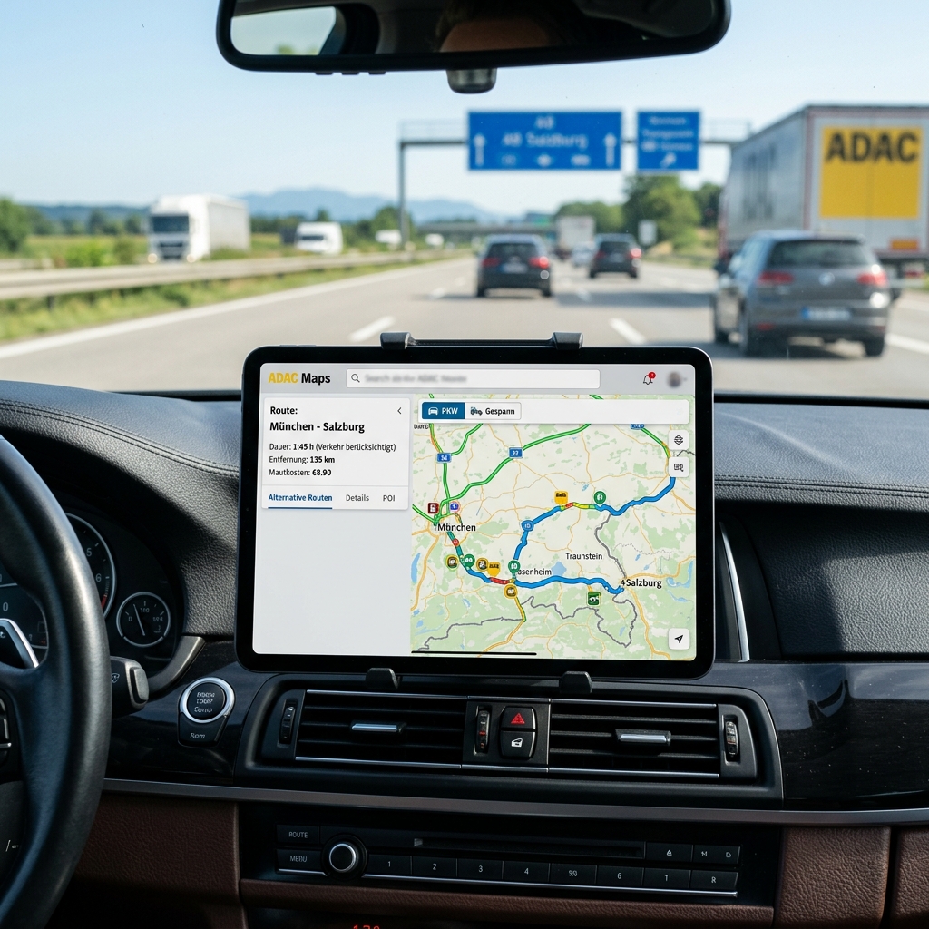 Navigation auf einem Tablet im Auto mit Route München nach Salzburg