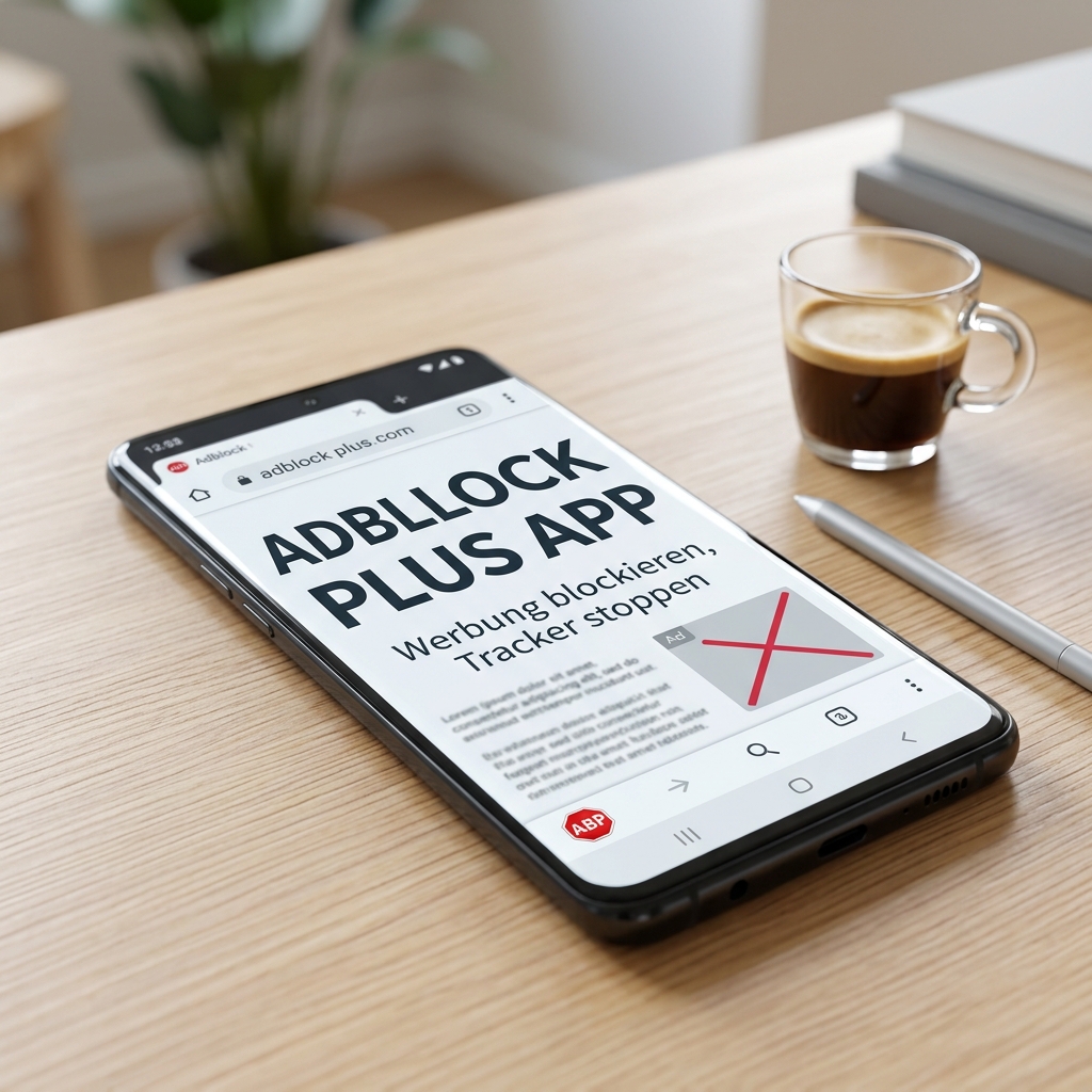 Smartphone zeigt Webseite der Adblock Plus App mit Kaffee daneben