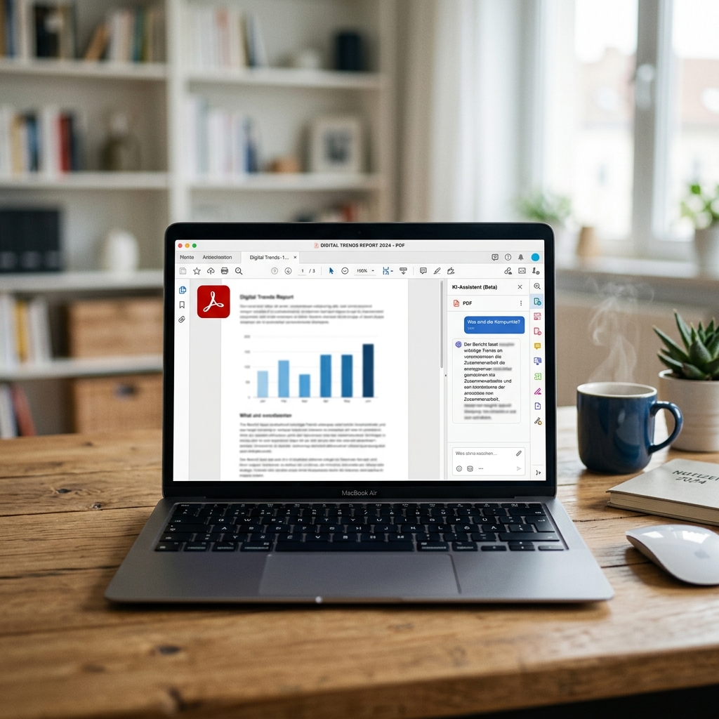 Laptop mit geöffnetem PDF-Dokument und Chatfenster auf einem Holzschreibtisch