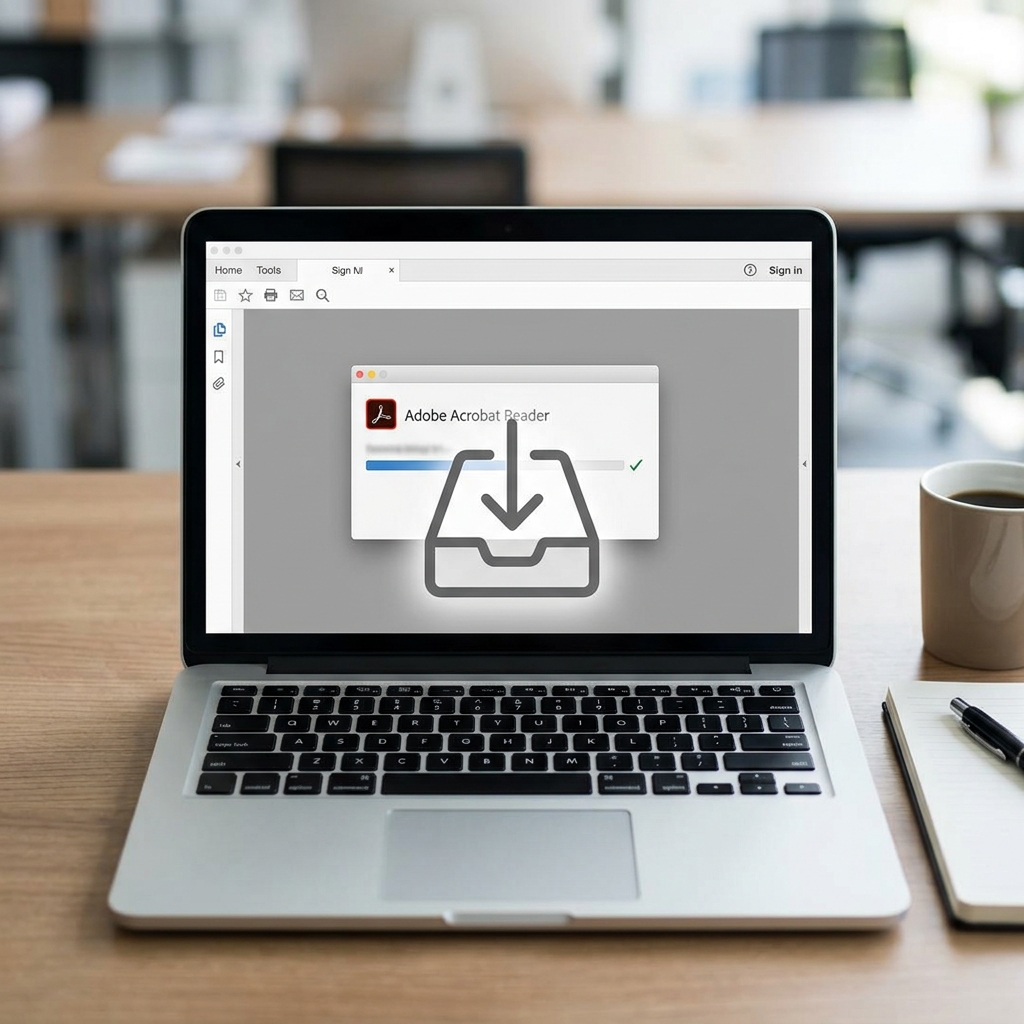 Laptop zeigt Download-Fenster von Adobe Acrobat Reader.