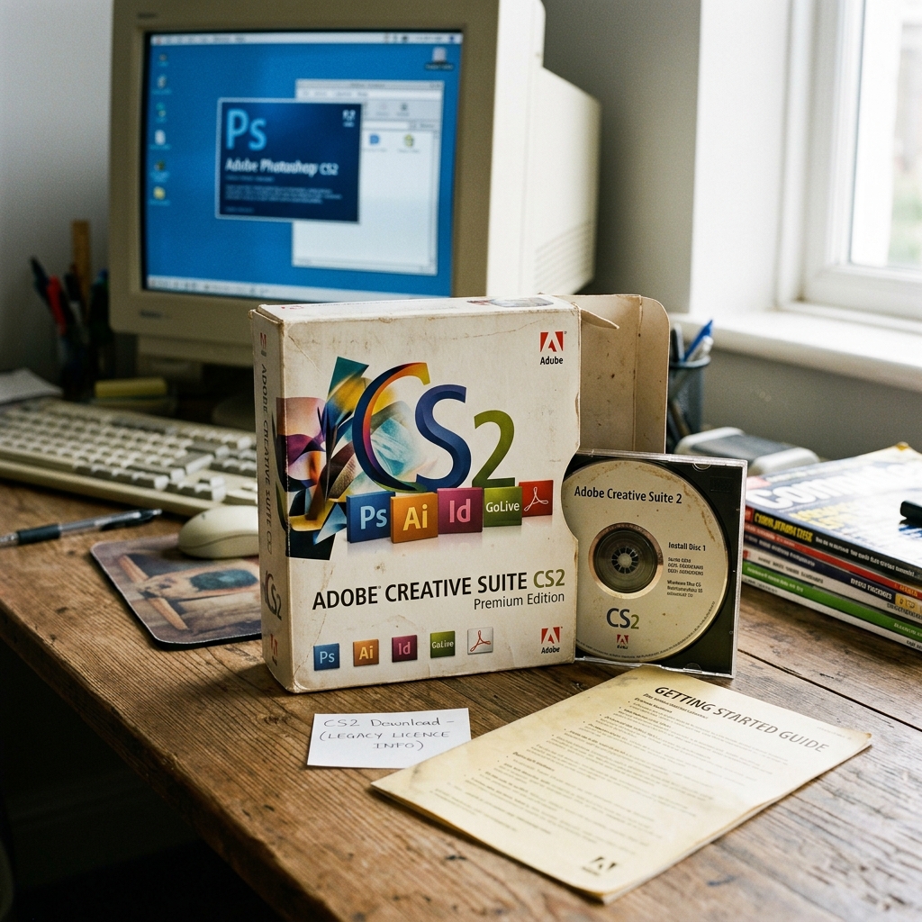 Verpackung und CD von Adobe Creative Suite 2 auf einem Tisch.