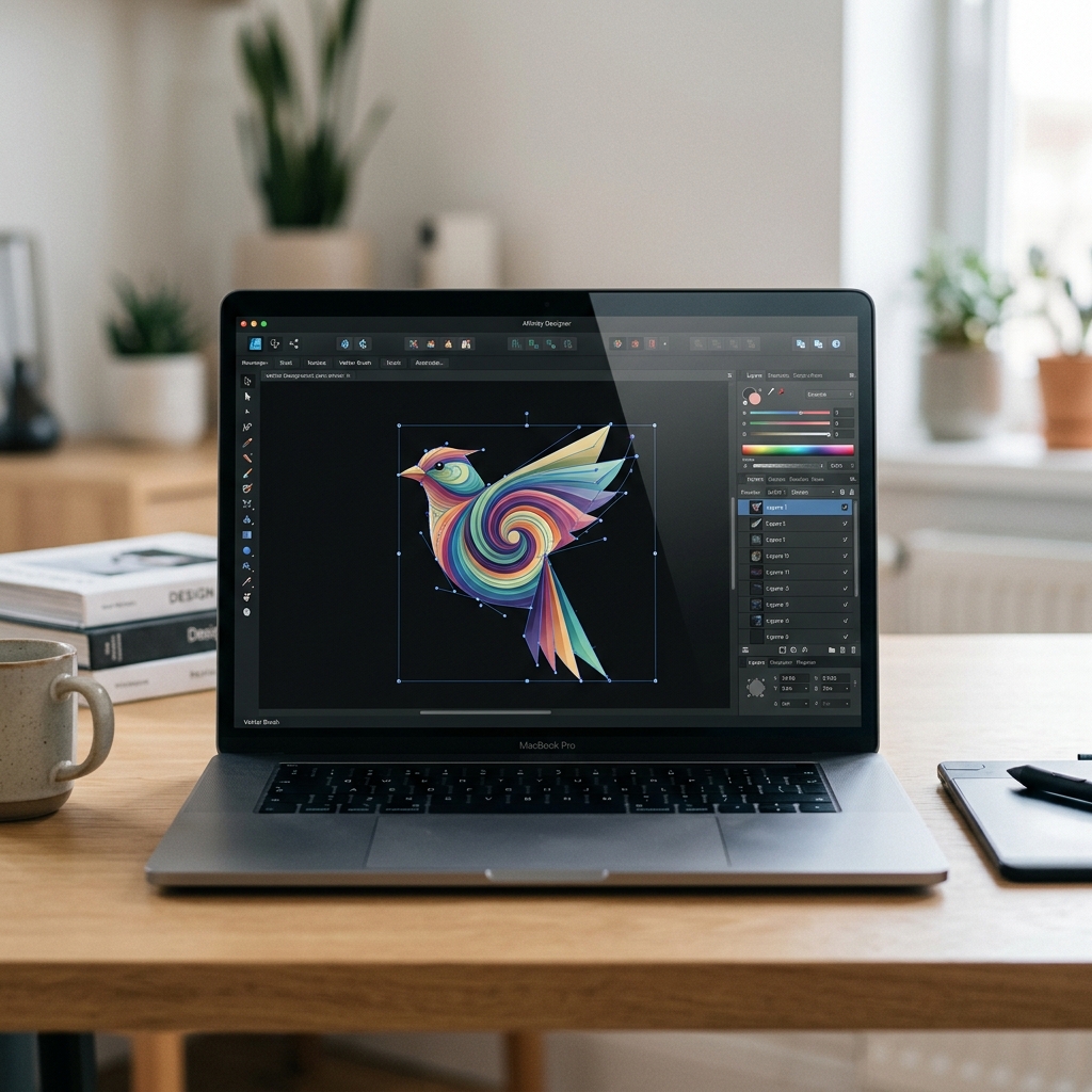 Ein Laptop zeigt ein buntes digitales Vogel-Design auf dem Bildschirm.