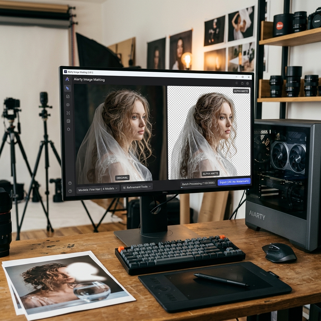 Computer mit Bildbearbeitungssoftware, Kamera und Drucker auf einem Tisch