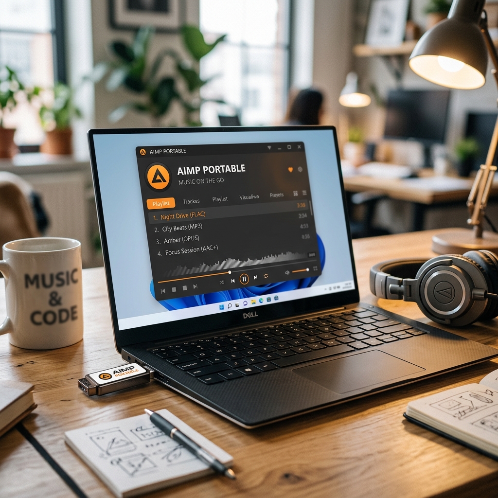 Laptop zeigt AIMP Portable Software mit Playlist und Zubehör