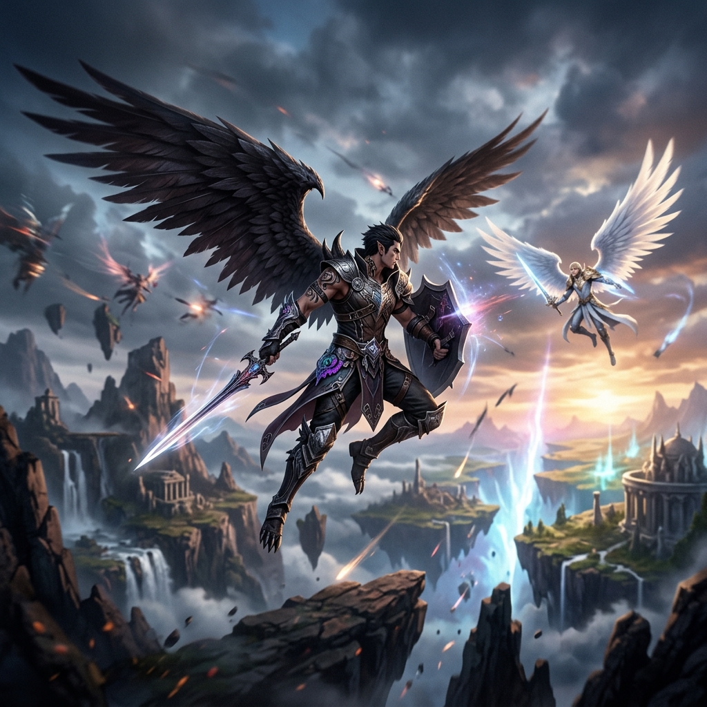 A dramatic battle between two armored figures with wings in a fantasy landscape