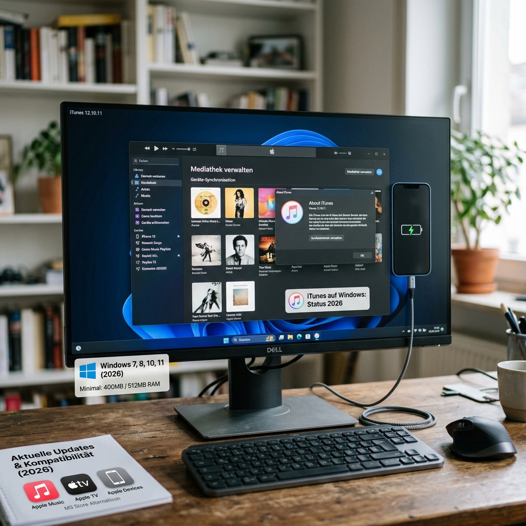 Ein Computerbildschirm zeigt iTunes mit synchronisierten Medientiteln.