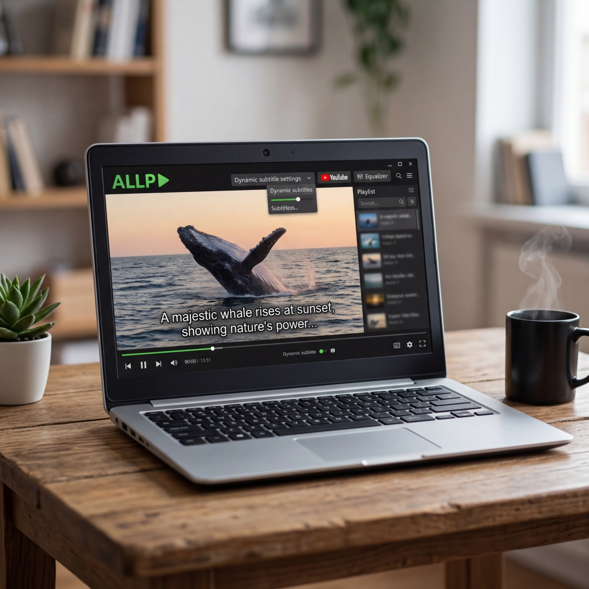 Laptop zeigt Video eines Wals bei Sonnenuntergang mit Untertiteln