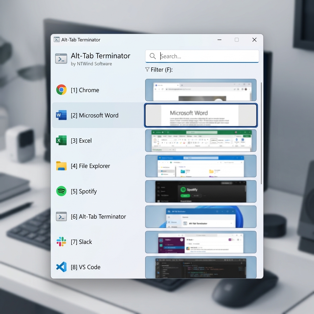 Bildschirmansicht der Alt-Tab Terminator Software mit mehreren geöffneten Anwendungen
