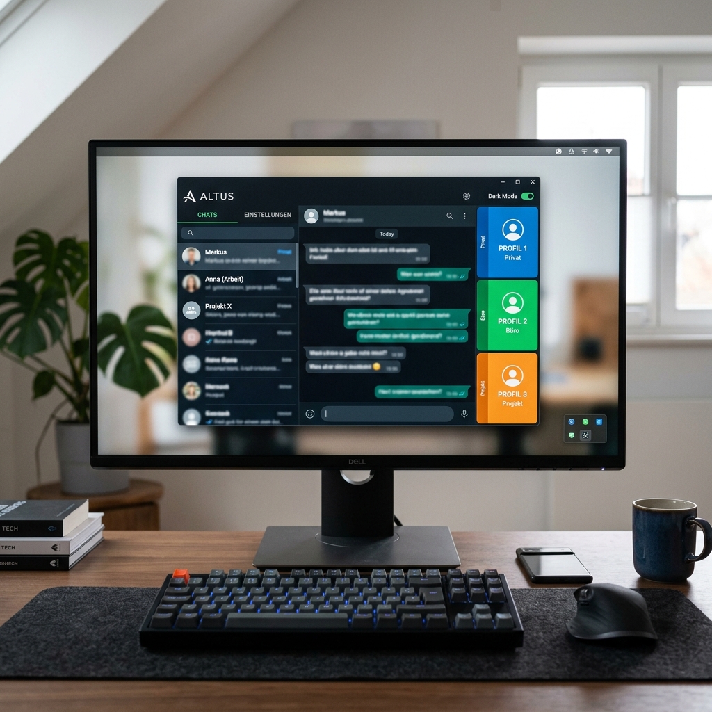 Monitor mit Chat-Anwendung, Tastatur und Kaffeetasse