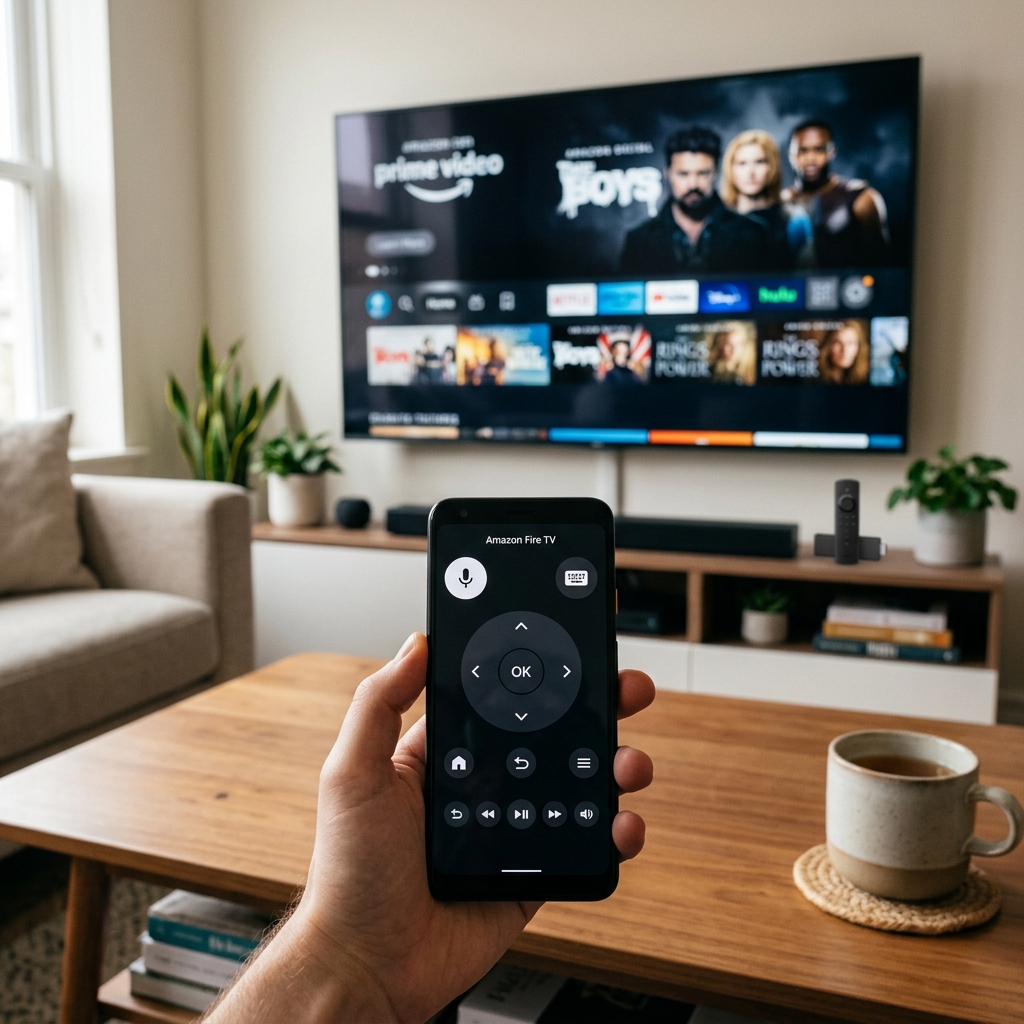 Hand hält Smartphone mit Amazon Fire TV Steuerung vor Fernseher.