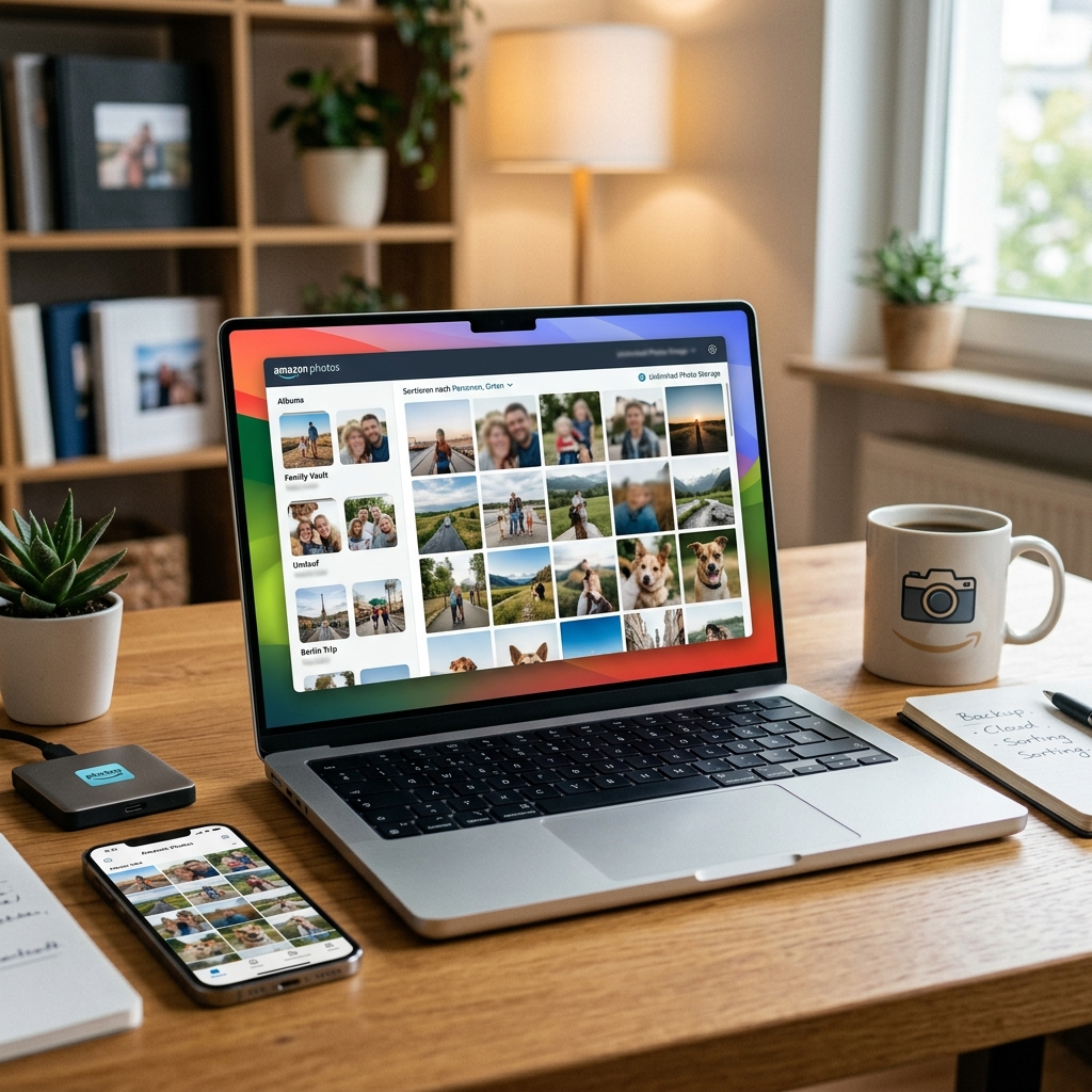Ein Laptop zeigt eine Foto-App mit verschiedenen Alben und Bildern.