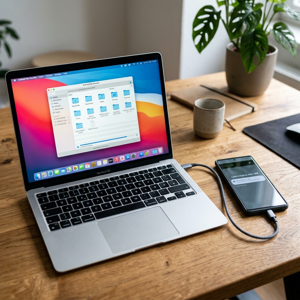 Laptop mit geöffnetem Dateimanager und Smartphone zum Datenübertragen
