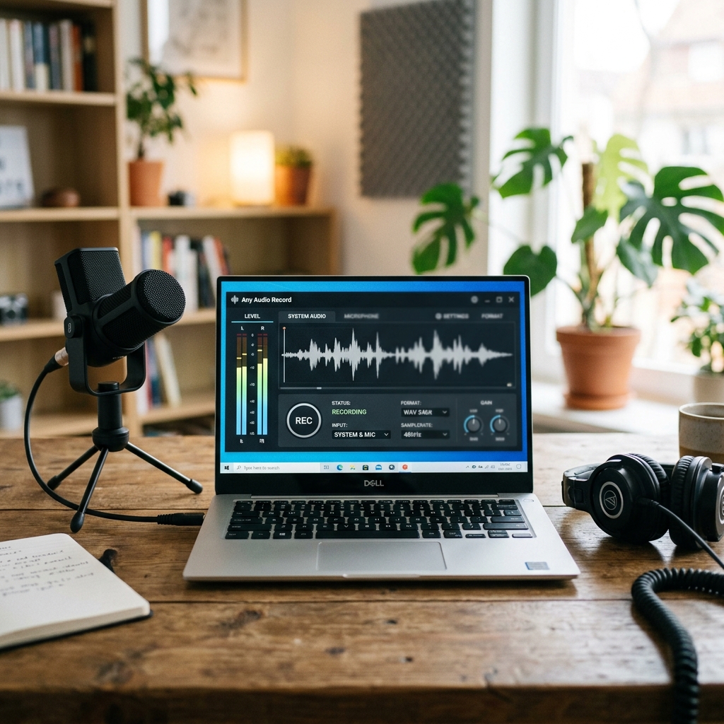 Mikrofon und Laptop auf einem Tisch mit Audioaufnahme-Software