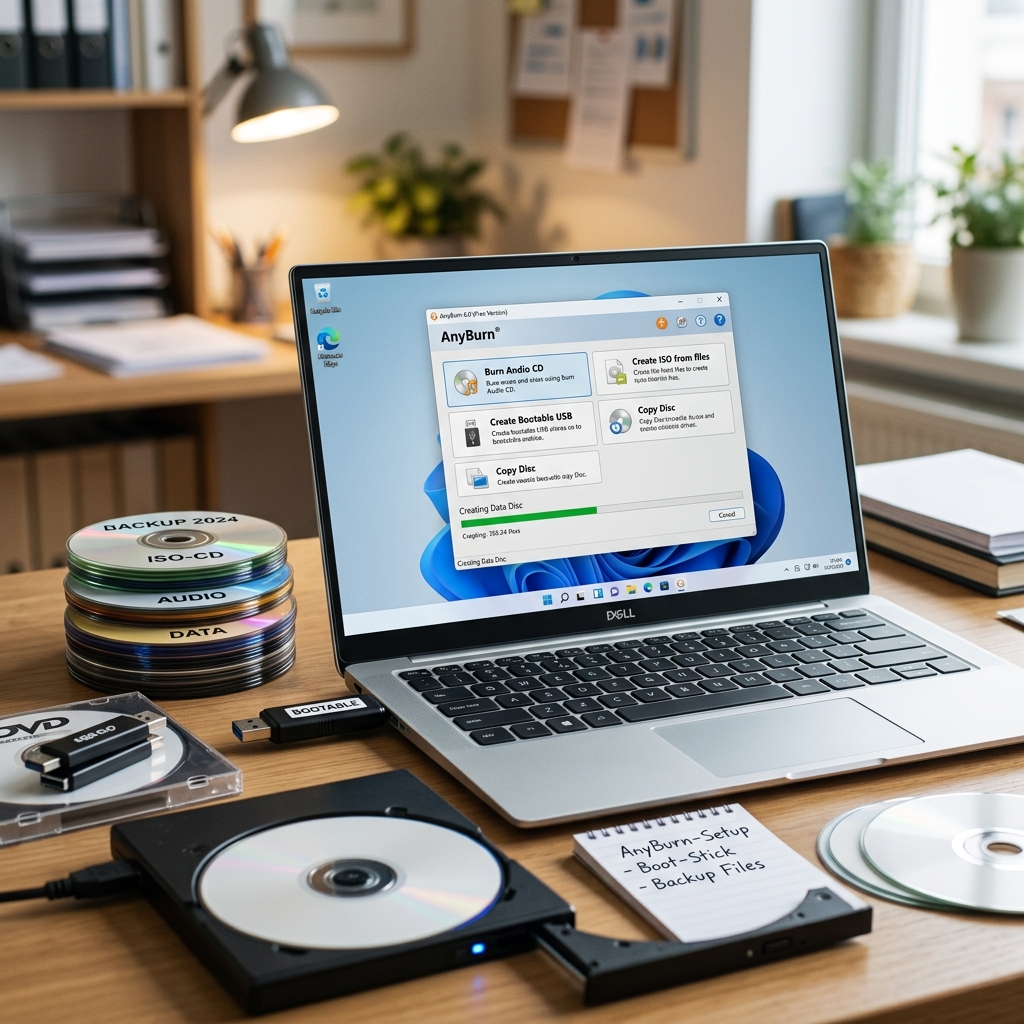 Laptop zeigt Brennsoftware AnyBurn und verschiedene CD/DVDs auf einem Schreibtisch.