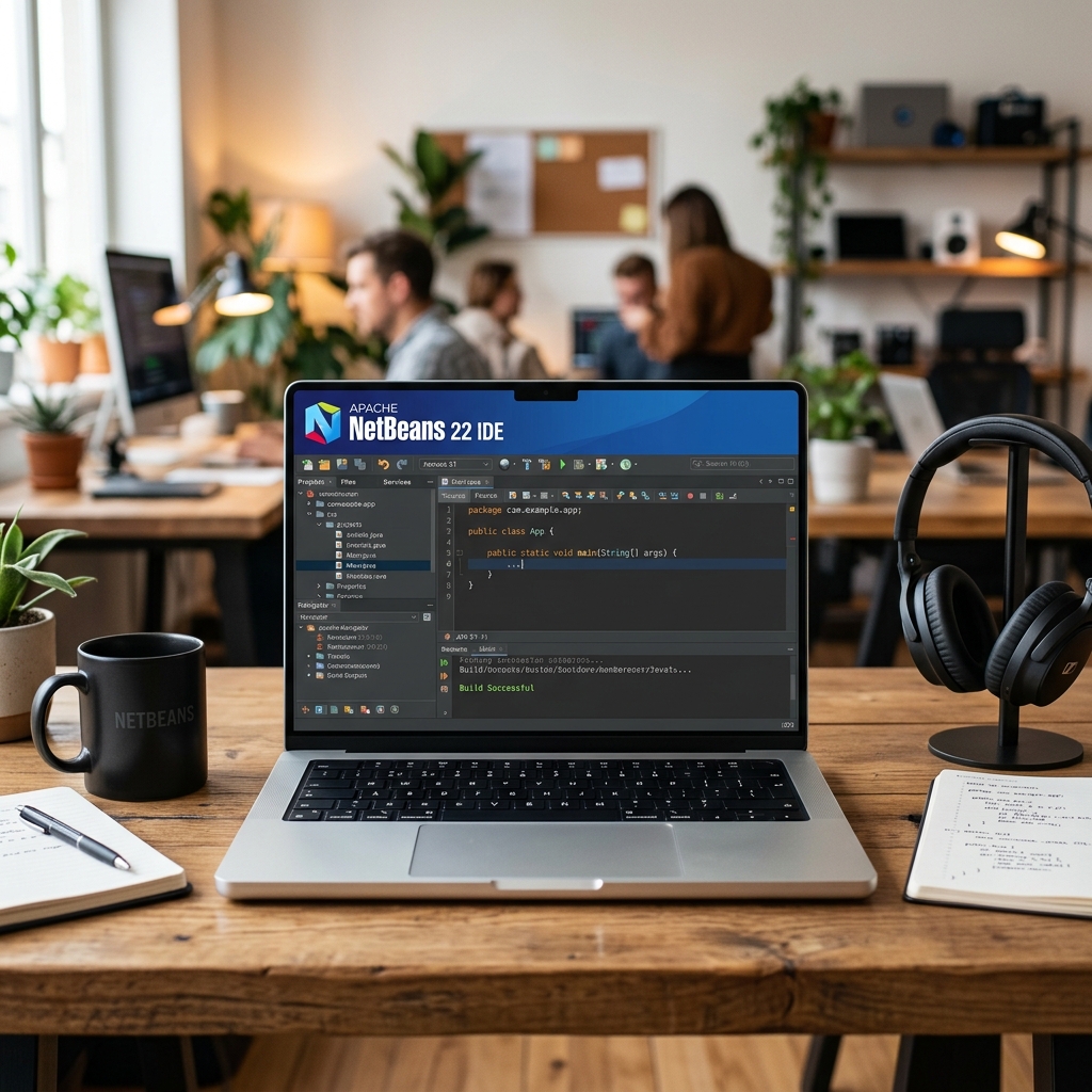 Bildschirmansicht von NetBeans IDE auf einem Laptop in einer Büroumgebung