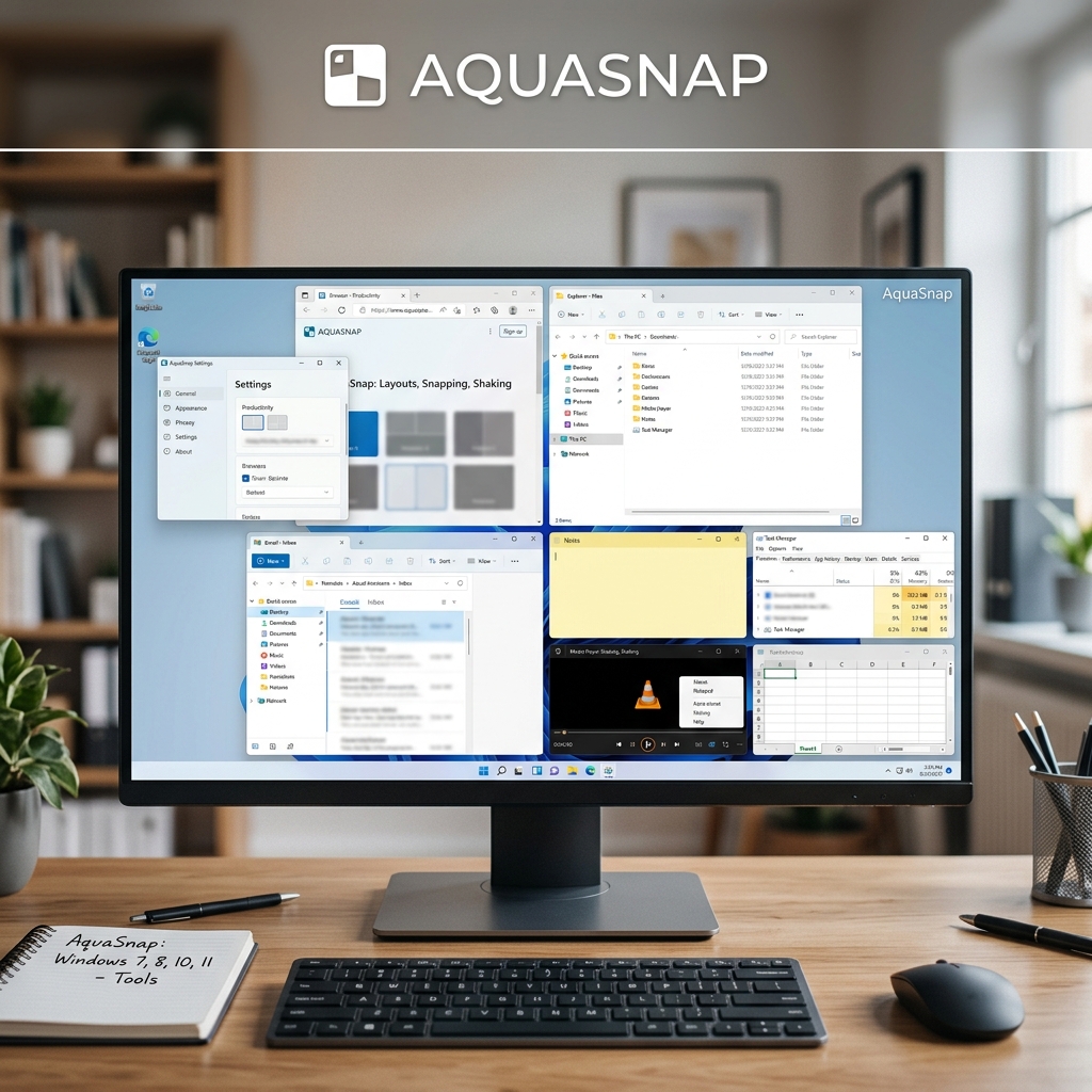 Bildschirm mit AquaSnap Software und mehreren offenen Fenstern