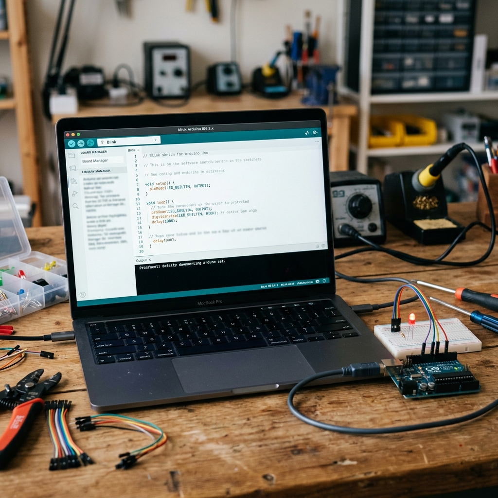 Laptop zeigt Arduino Code mit elektronischen Komponenten auf einem Tisch