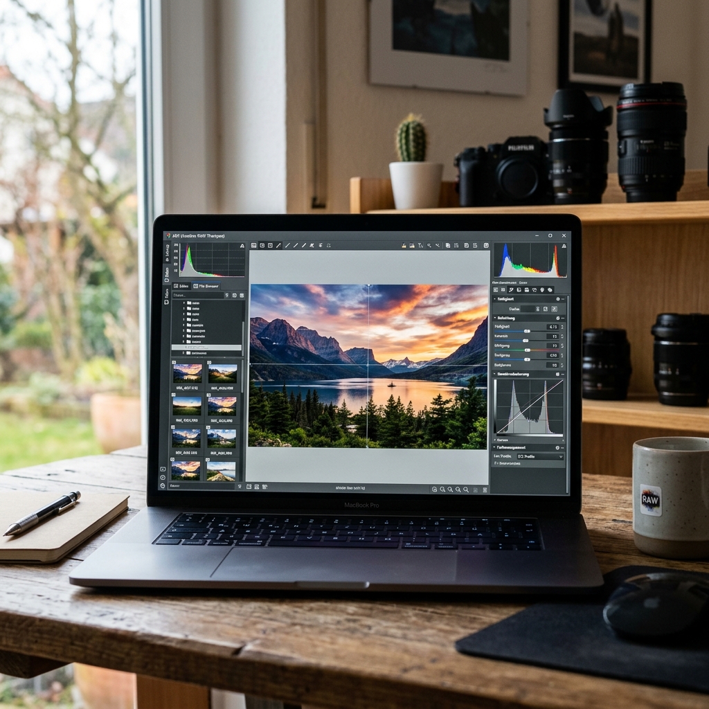 Laptop zeigt Bildbearbeitung mit einer Landschaft auf dem Bildschirm
