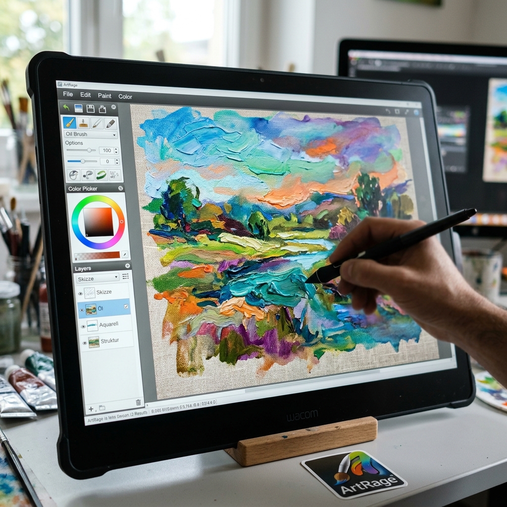 Eine Person malt digitale Kunst auf einem Grafiktablett.
