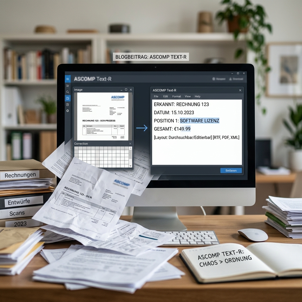 Bildschirm mit Rechnungen und ASCOMP Text-R Software zur Dokumentenerkennung