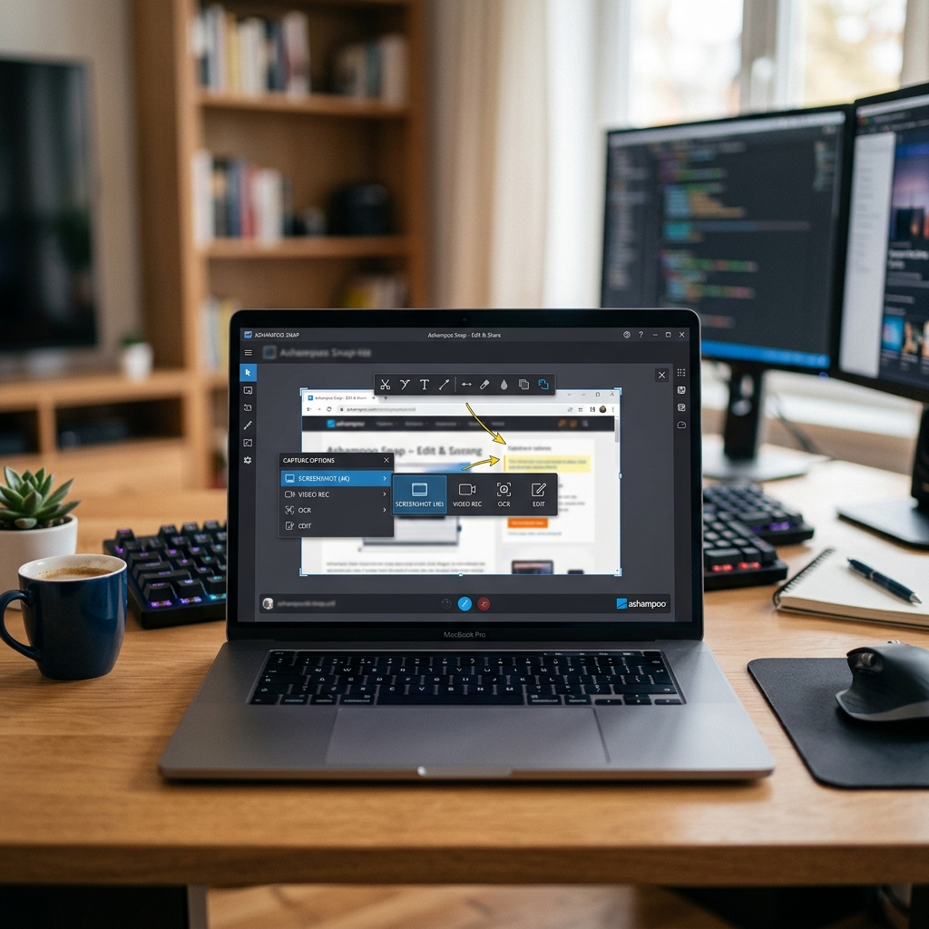 Laptop mit Screenshot-Software und Kaffee auf einem Tisch