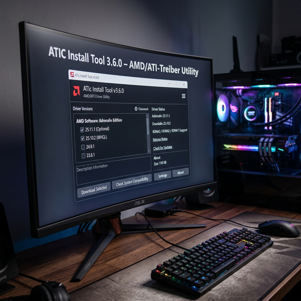 Monitor mit ATI Install Tool 3.6.0 und RGB-Tastatur
