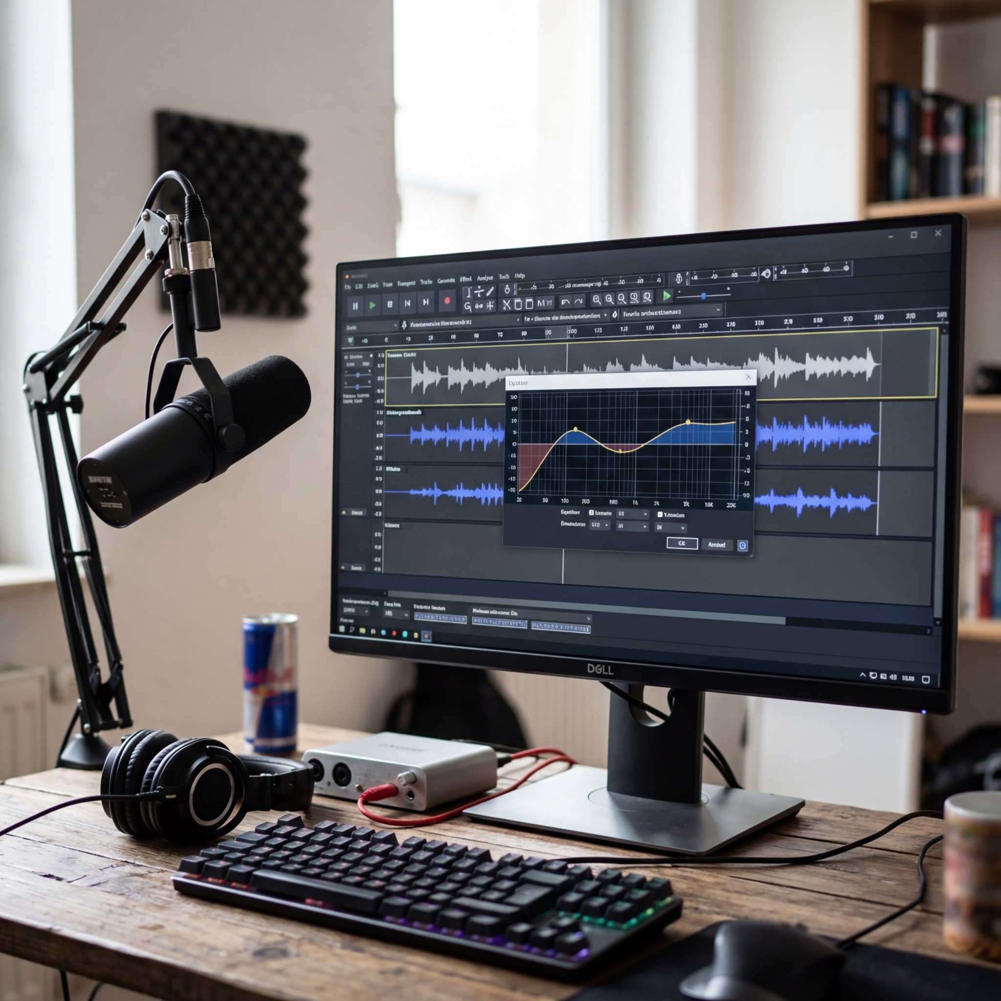 Home Studio mit Mikrofon, Monitor und Kopfhörern