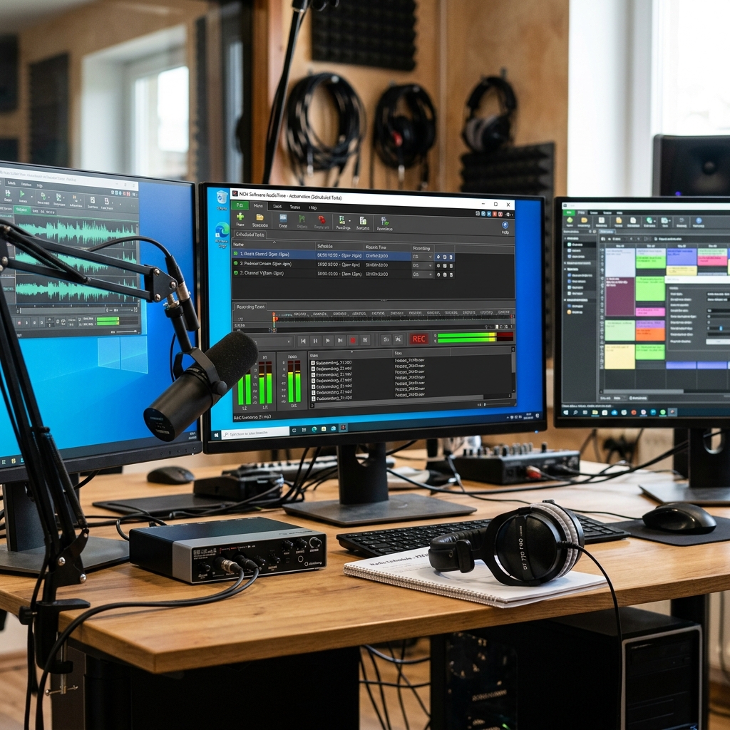 Zwei Computerbildschirme, Mikrofon, Kopfhörer und Audioproduktionsgerät auf einem Tisch.