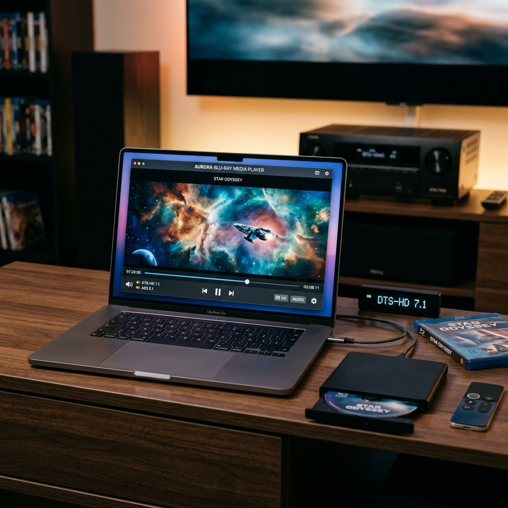 Laptop zeigt Filmstartbildschirm auf Holzoberfläche.