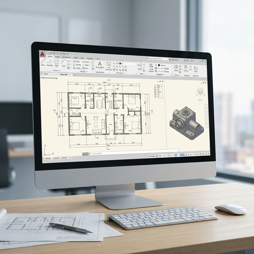 Computerbildschirm mit technischen Zeichnungen und CAD-Software.