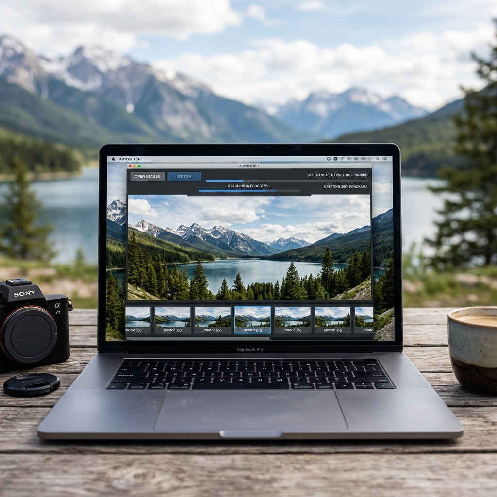 MacBook Pro mit Landschaftssoftware, daneben eine Kamera und eine Tasse