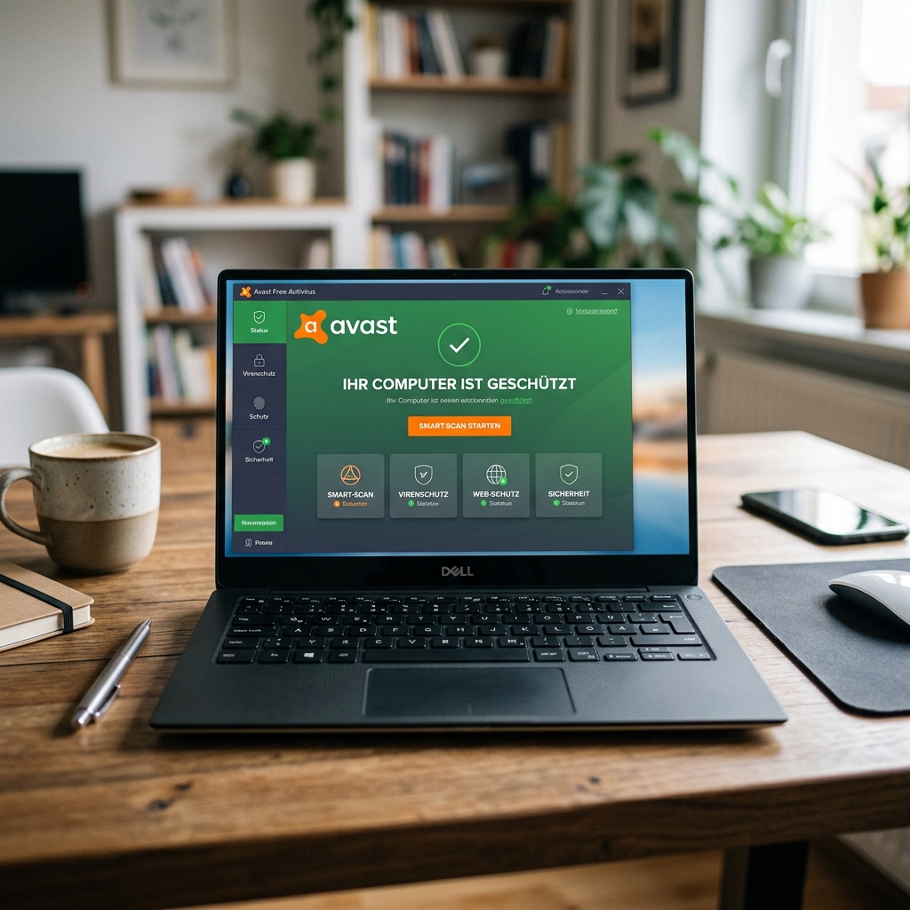 Laptop mit Avast Software-Oberfläche und Kaffee auf Tisch