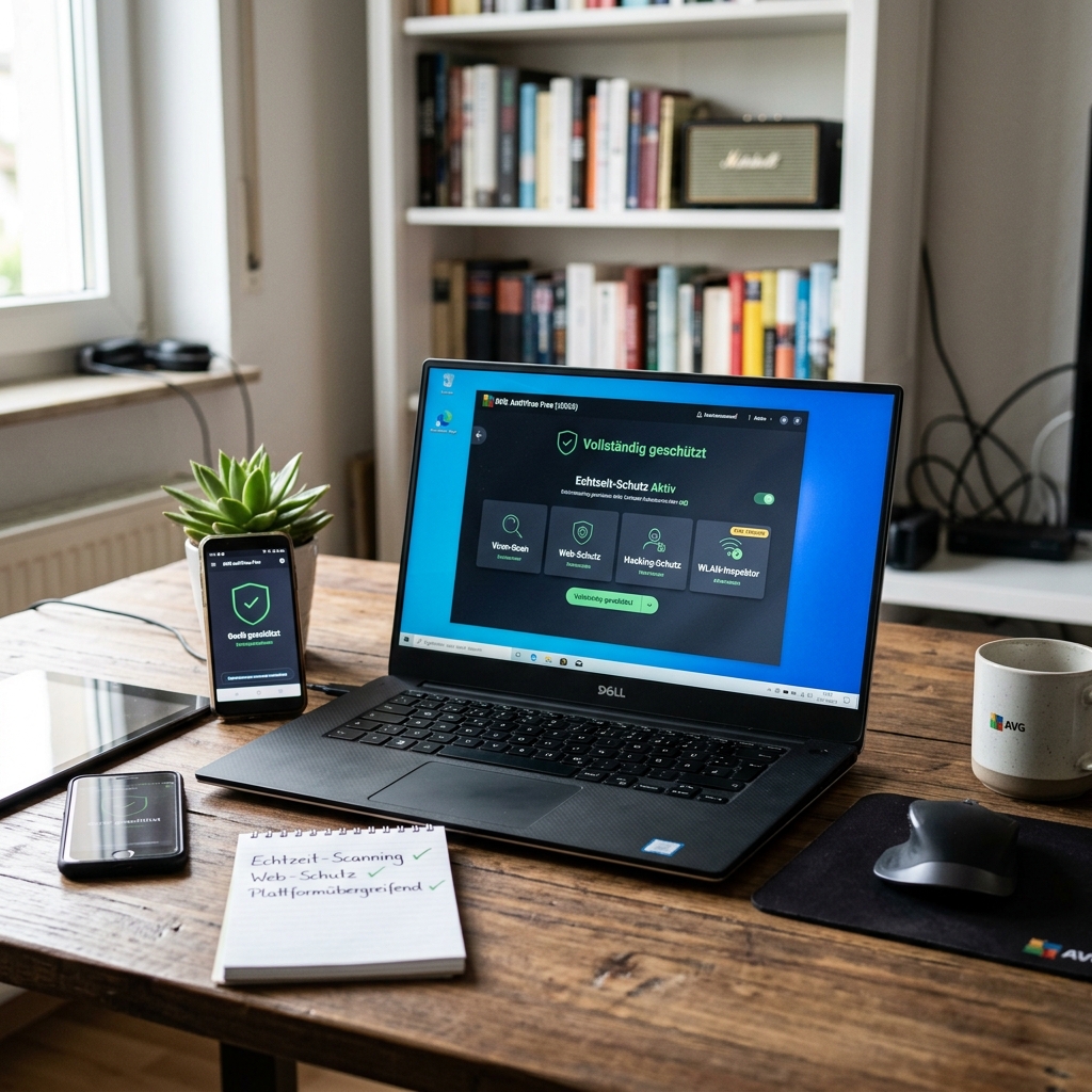 Laptop, Smartphone und Notizbuch auf einem Holztisch