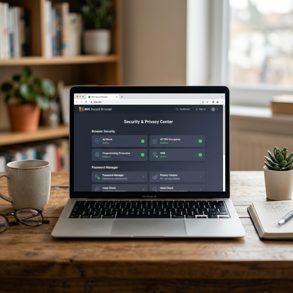 Interface des AVG Secure Browsers mit Sicherheits- und Datenschutzfunktionen.
