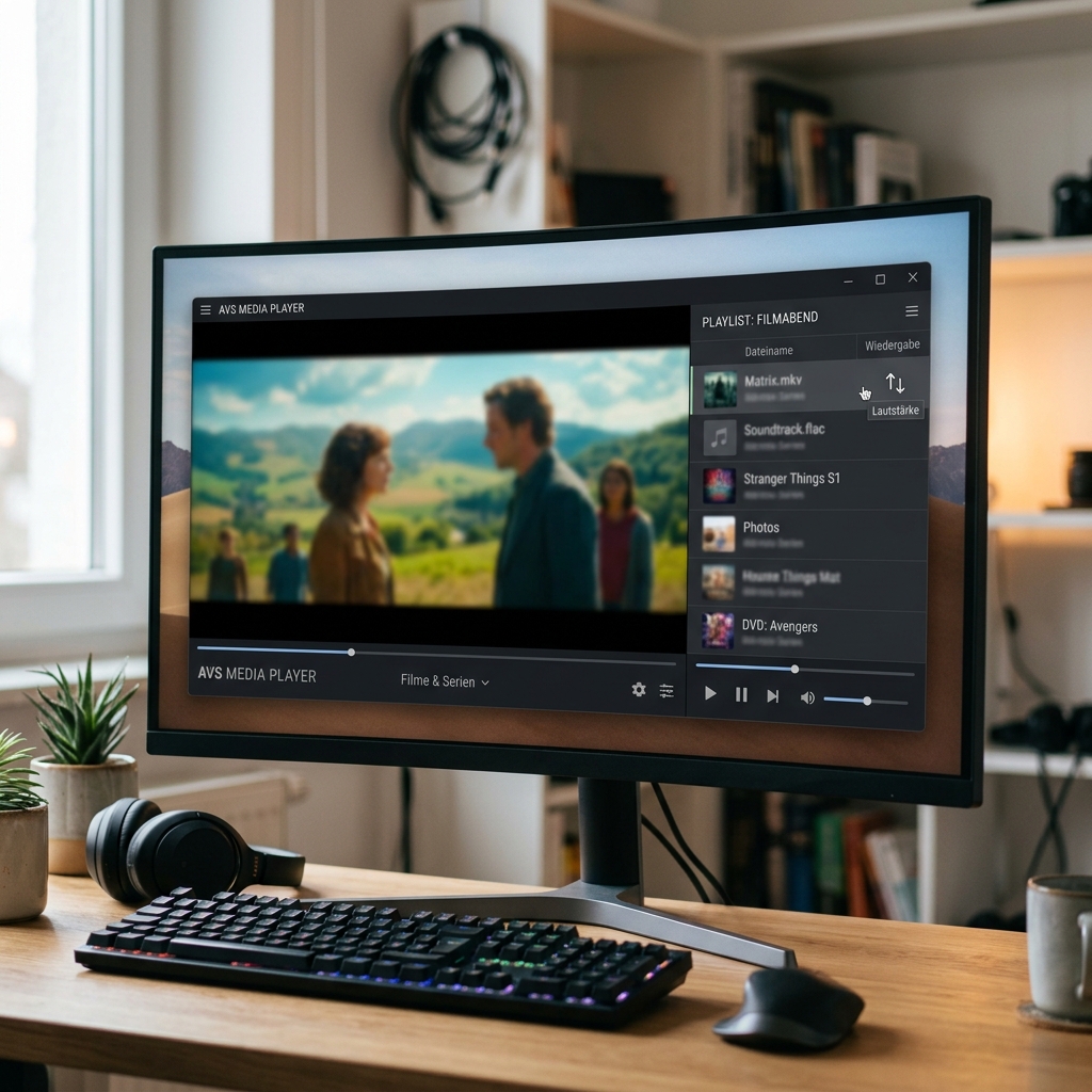 Computerbildschirm zeigt Medienplayer mit Film und Musikliste