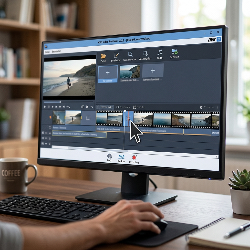 Computerbildschirm mit Videobearbeitungssoftware und Kaffeetasse