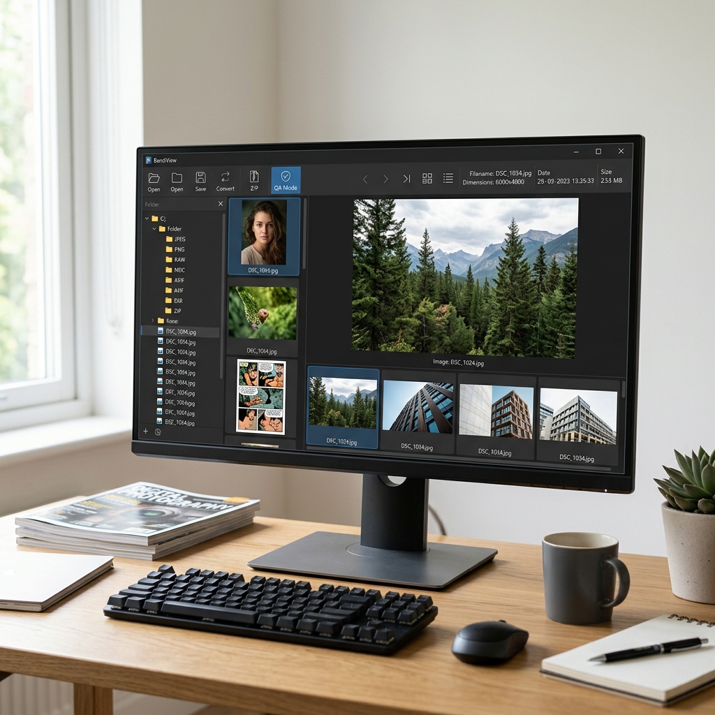 Desktop mit Monitor, Tastatur, Maus und Kaffeetasse