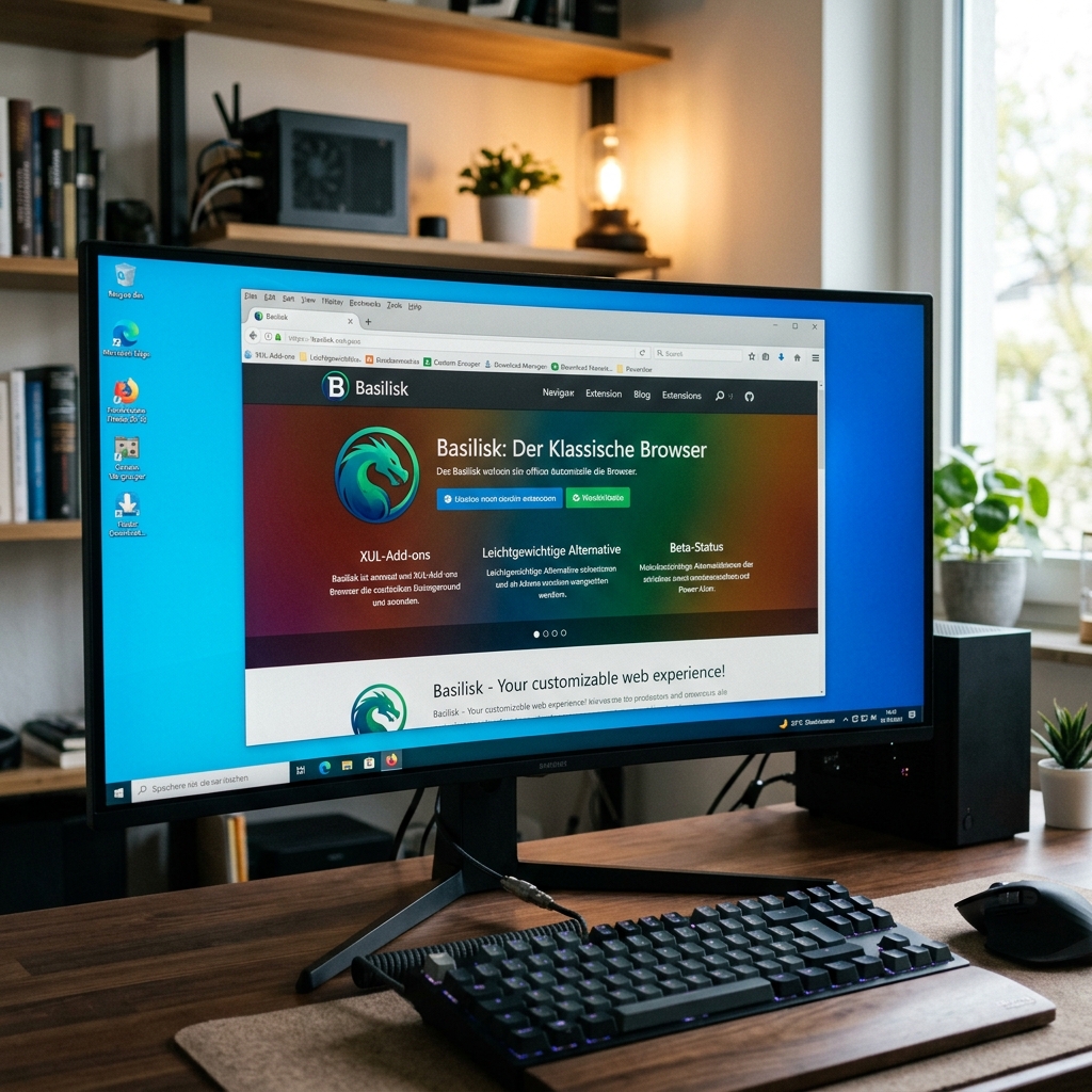 Monitor zeigt Webseite des Basiliisk Browsers.